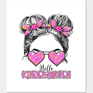 Kids Hello Kindergarten Messy Bun Girls Back To School Posters and Art